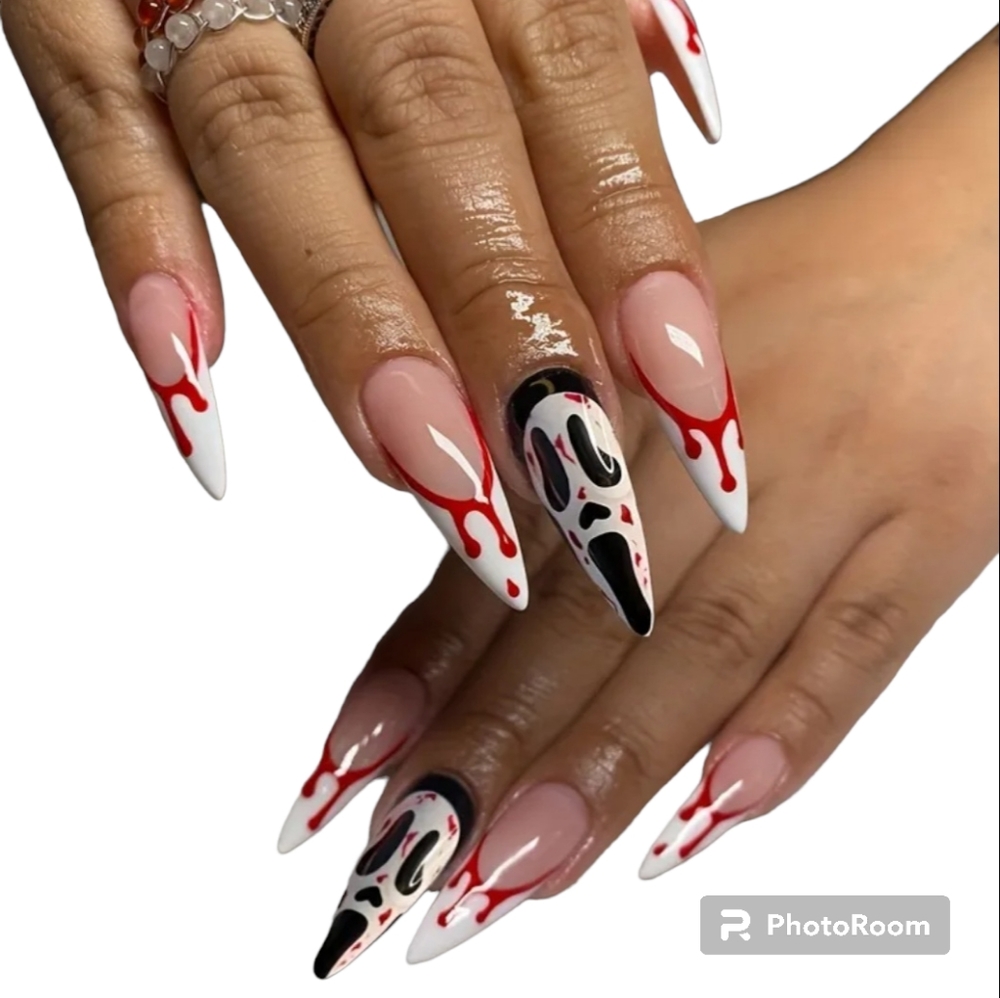 Halloween full cover false nails scary ghost red blood design long stile…